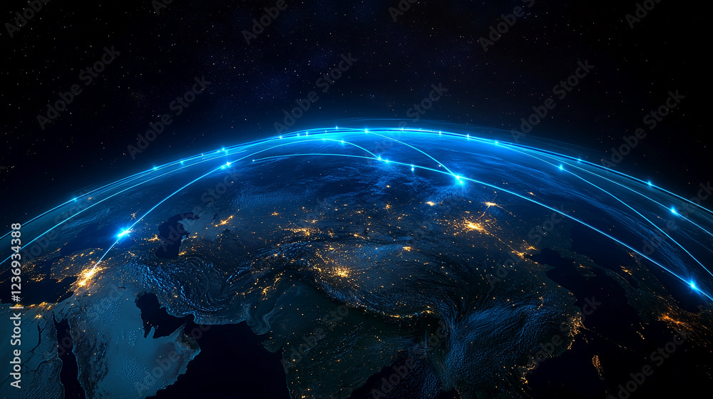 Poster blue glowing lines representing digital connections and data transfer across the globe, highlighting