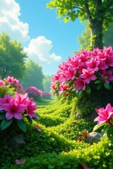 Azaleas thrive in a carpet of soft green moss, bloom, blue sky