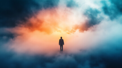 Fototapeta premium Solitary figure standing in a surreal foggy landscape with dramatic colorful sky, ideal for themes of introspection, personal growth, mental health awareness, and inspirational content for blogs