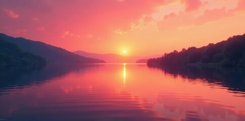 Fototapeta premium Sunset over a serene lake with a smooth gradient background from pink to orange, landscape, orange, nature
