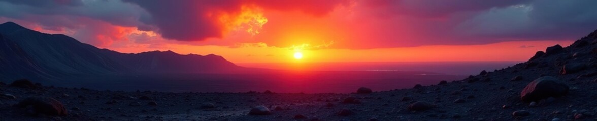 Obraz premium Sunrise illuminates a vast expanse of volcanic land, natural, vast, nature