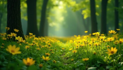 Yellow flowers blooming in a shaded forest area, nature, trees