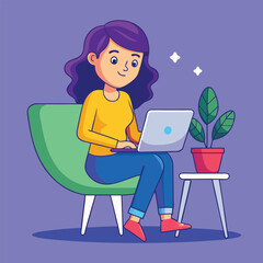 a girl is using his laptop vector