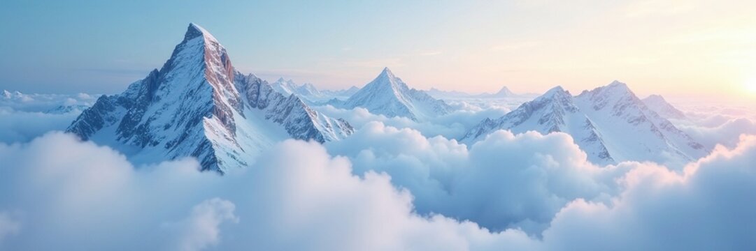 Clouds veiling the snow-capped peaks in a hazy light, frozen, veiling
