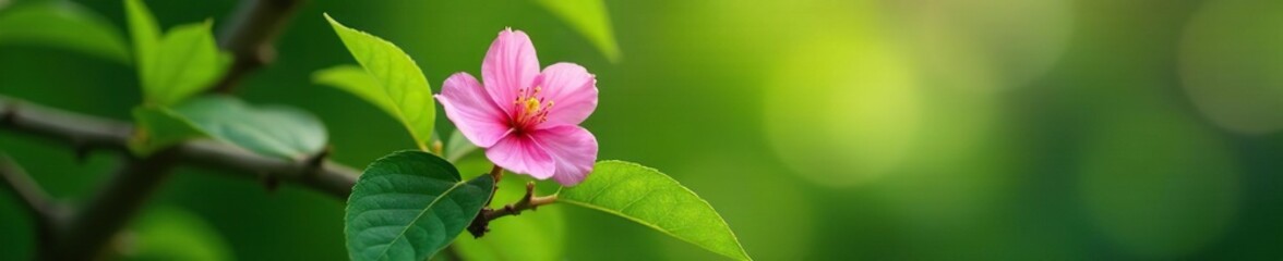 Fototapeta premium Single pink bloom on branch with green leaves, leafy greens, flowers growing