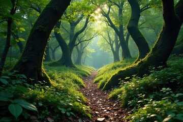 Obraz premium Twisted branches lead through the dense undergrowth, nature, wilderness, trail