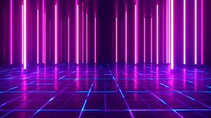 Futuristic neon-lit corridor with glowing pink lights and grid floor perfect for sci-fi themed backgrounds, virtual reality promotions, tech conference visuals, and electronic music event posters