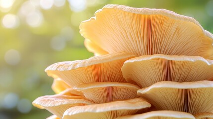 Stacked mushrooms outdoors in sunlight, blurred forest background