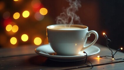 Obraz premium Christmas lights shine on a steaming cup of coffee, steam, holiday