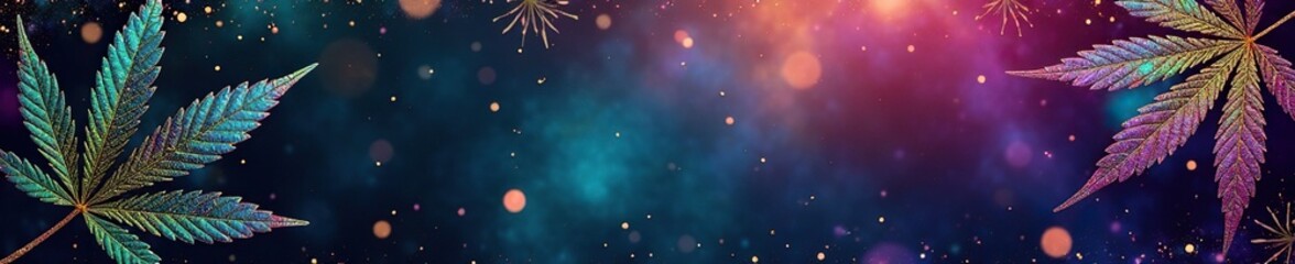 Iridescent cannabis leaf borders, shimmering with glitter, shine, metallic, sparkle