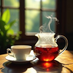Fragrant steam rises from a delicate glass pitcher, table, tea cup, utensils