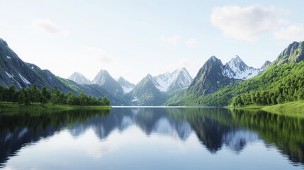 serene landscape featuring mountains, calm lake, and lush greenery reflects tranquility and natural beauty