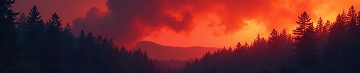 Fototapeta premium Orange and red hues bleed into the sky as pine forest burns, wilderness, forest fire, smoke