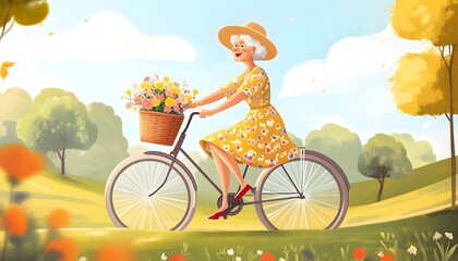 Happy Elderly Woman Cycling Through Sunny Landscape