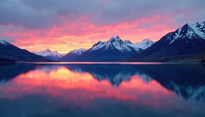 Reflection of lake Tekapo at sunrise with snow-capped mountains, nature, reflection