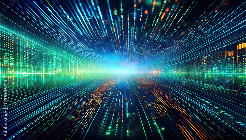 Poster vibrant abstract background with flowing lines and digital elements, depicting programming code and 