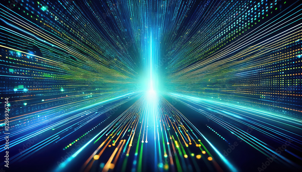 Poster vibrant abstract background with flowing lines and digital elements, depicting programming code and 