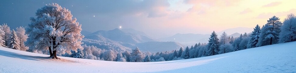 Naklejka premium Falling snowflakes fill a wide landscape with trees and hills, vast, tree