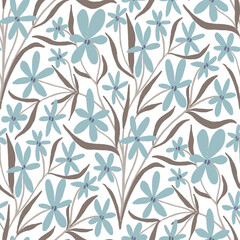 Tender floral seamless pattern with light blue flowers and brown leaves. Elegant fresh spring blooms print on white background. Fabric, paper design.