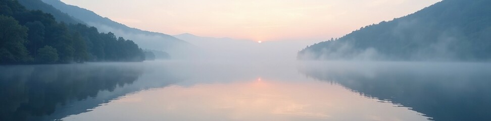 Fototapeta premium Serene lake waters reflected in stillness of morning foggy landscape, calm water, tranquility