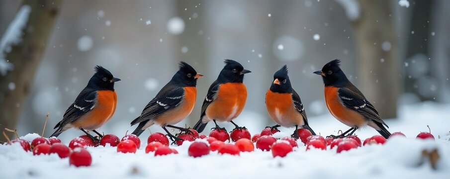 Grupo de jilgueros negros posados sobre una rama con frutas rojas en un bosque de abedules cubiertos de nieve, abedul, aves