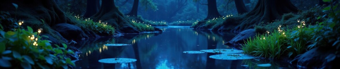 Glowing aquatic plants surround a tranquil pond surface, night, forest, bioluminescent