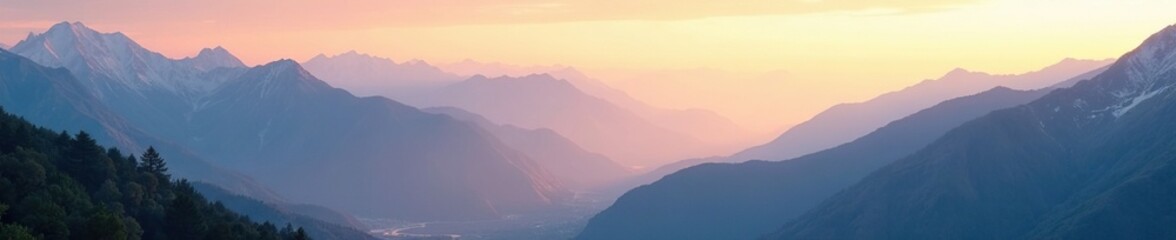 Fototapeta premium Soft morning light filters through mountain peaks, mountain, landscape