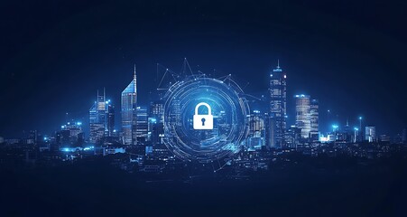 Night city skyline with a digital padlock icon, representing cybersecurity and data protection.