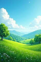 Soothing landscape with soft white clouds and greenery, calming, abstract background
