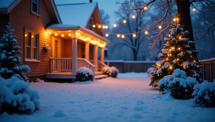 String of fairy lights in a snow-covered garden, string, decorations