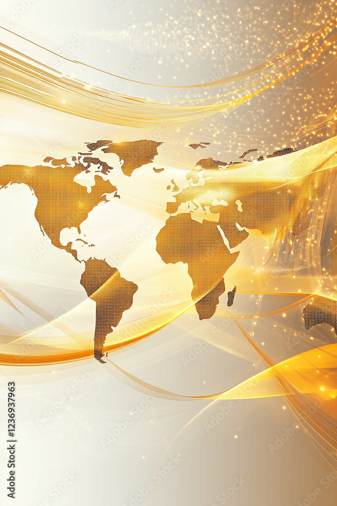 Poster Abstract world map design with glowing golden lines, bright bokeh lights, and a futuristic digital look showcasing the global connection and modern technology concept.