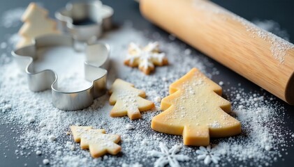 Christmas tree-shaped cookie cutter and wooden rolling pin on a snowy-floured surface, snowflakes, christmas tree cookie cutters