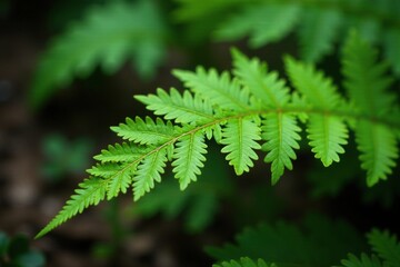 Delicate fern fronds with veins resembling scolopendra worms, forest floor, plant details, nature