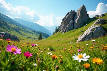 Obraz premium Rocky outcroppings and wildflowers in a sunny meadow, earthy tones, wildflowers