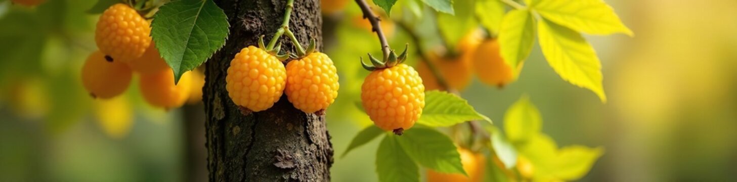 Rich yellow and white mulberry foliage on a tree trunk, mulberry, white