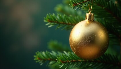 Fototapeta premium Decorative gold sphere ball suspended from a small pine tree branches, spruce, tree, foliage