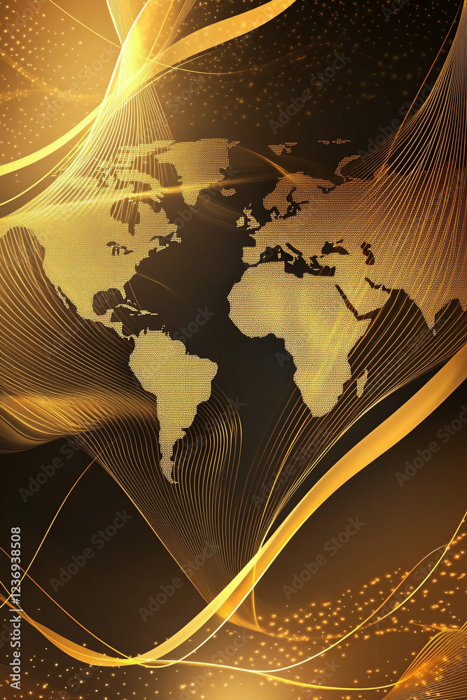 Poster abstract golden world map design with glowing lines, digital effects, and bokeh lights representing 