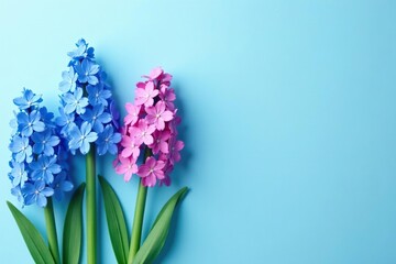 Fototapeta premium Paper cut hyacinths against a soft blue background, blue, blooms