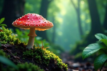 Tropical rainforest with blooming fairy inkcap, mushroom, rainforest