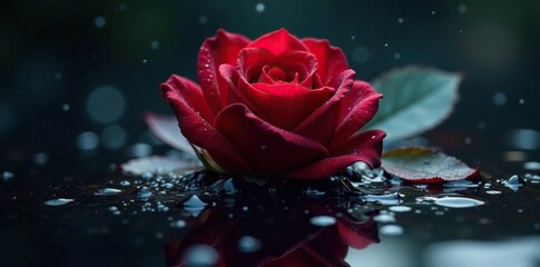 Black rose emerges from dark liquid with scattered water droplets and soft, ethereal glow, gothic, water, dark red