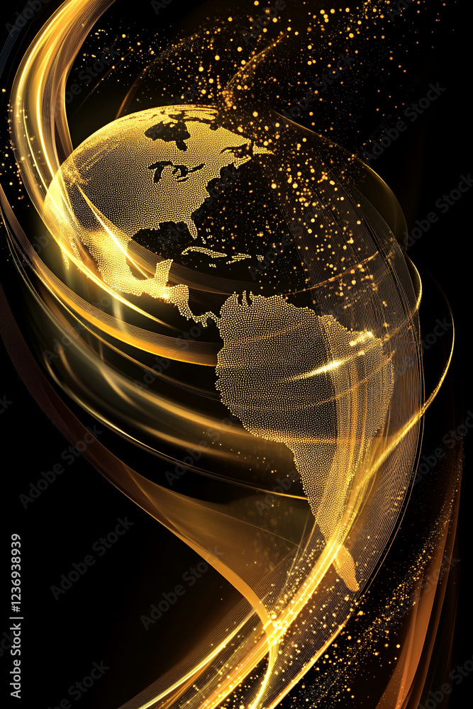 Poster golden abstract world map with glowing light trails, digital dots, and sparkles symbolizing global t