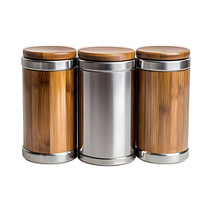 Stainless Steel Kitchen Canisters with Bamboo Lids Isolated on Transparent Background