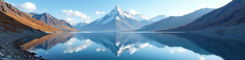 Fototapeta premium A cloudless sky reflects in a still lake's surface, lake, snow-capped peak, rocky shores