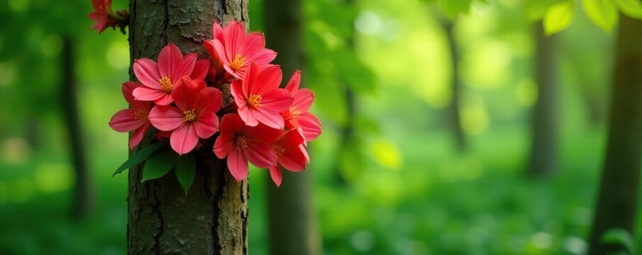 clusters of jambo flowers surround a central stem on a tree trunk, trees, nature, leaves