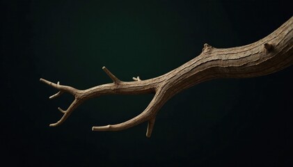 Fototapeta premium Isolated tree branch with bark on dark background, wood grain, nature, tree branch