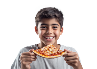 10s young boy happily eating a slice of pizza smiling at the camera isolated on a transparent background. 