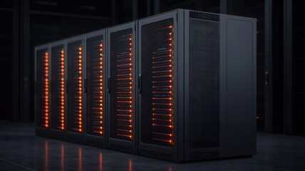 Modern Server Rack with Bright LED Lights in Dark Data Center