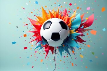 Naklejka premium Football-shaped balloon bursting into a cloud of colorful paper, celebration, explosion