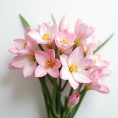 Fototapeta premium Freesia flowers in a loose bouquet on a soft white background with subtle grey undertones, naturalistic, whimsical, florals