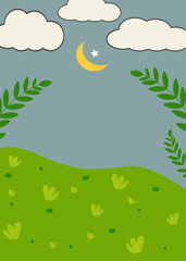 Obraz premium Print Landscape natural green land with sky and cloud moon star leaves mobile wallpaper and background natural card vector eps 10 